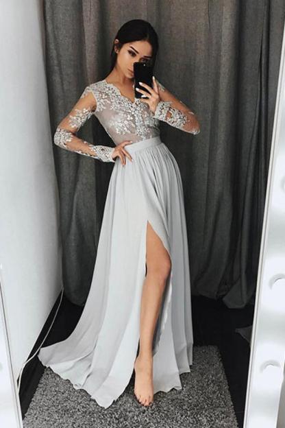 Silber Abendkleider Lang Mit Ärmel Chiffon Abendkleider Spitze Online