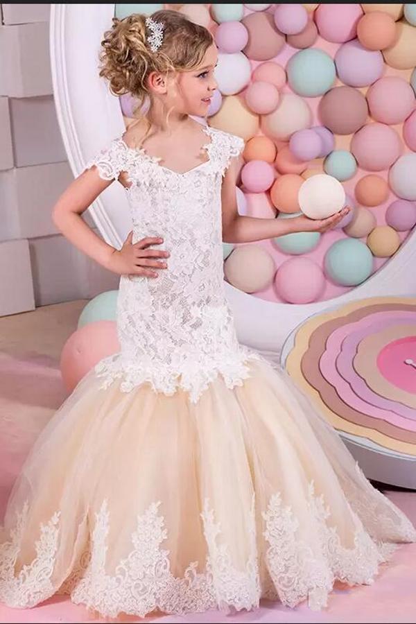 Weiß Blumenmädchenkleider Günstig A Linie Spitze Knielang Kleider für Blumenkinder-babyonlinedressde