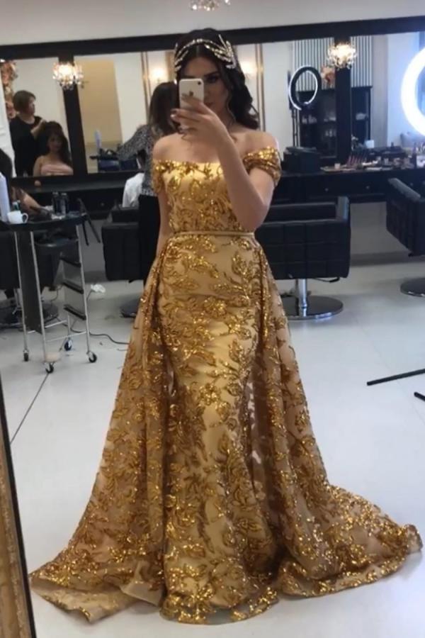 Gold Abendkleider Luxus | Abiballkleider Lang Glitzer Online