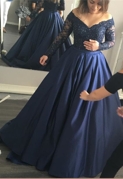 Abendkleider Mit Lange Ärmel Spitze Blau Satin Abendmoden Ballkleider-babyonlinedressde