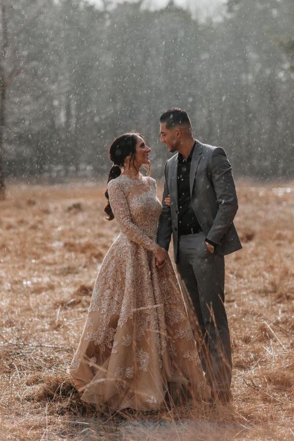 Champagner Brautkleider mit Ärmel | Hochzeitskleider A Linie Spitze-babyonlinedressde