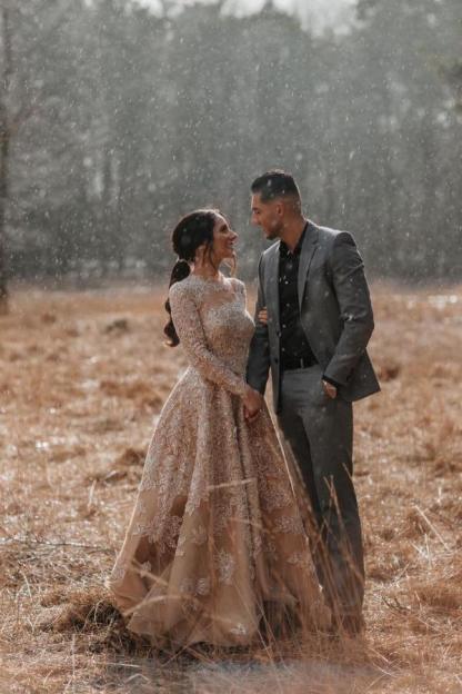 Champagner Brautkleider mit Ärmel | Hochzeitskleider A Linie Spitze-babyonlinedressde