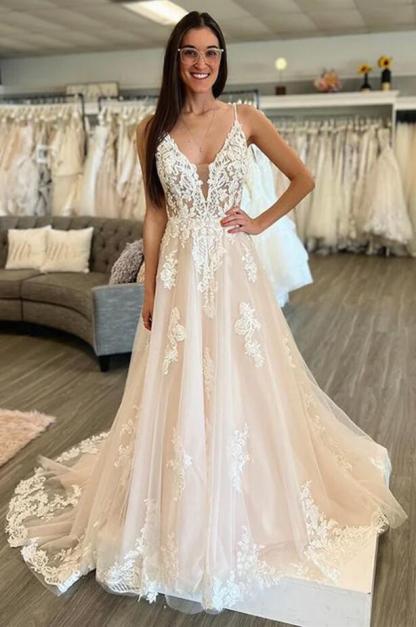 Elegante Brautkleid V Ausschnitt | Hochzeitskleider A Linie Spitze