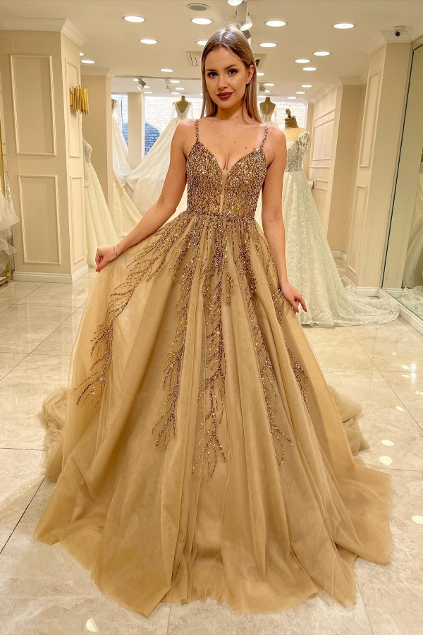 Golden Brautkleider A Linie Spitze Tüll Hochzeitskleider Glitzer