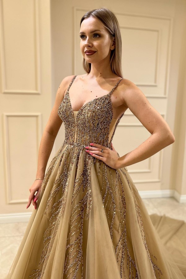 Golden Brautkleider A Linie Spitze Tüll Hochzeitskleider Glitzer