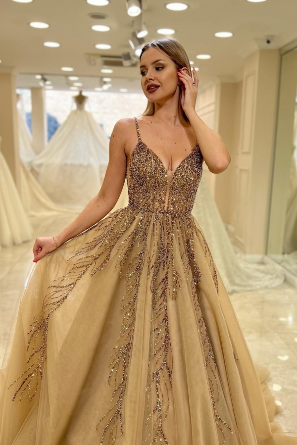 Golden Brautkleider A Linie Spitze Tüll Hochzeitskleider Glitzer