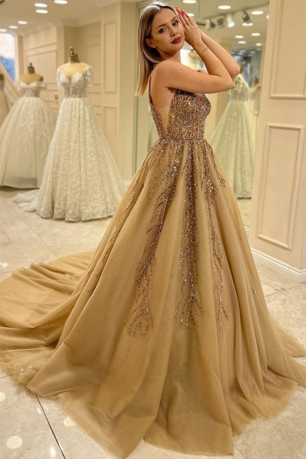 Golden Brautkleider A Linie Spitze Tüll Hochzeitskleider Glitzer