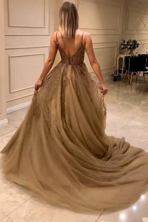 Golden Brautkleider A Linie Spitze Tüll Hochzeitskleider Glitzer