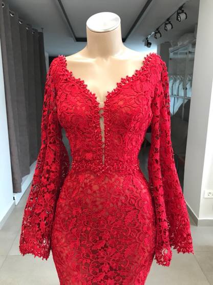 Fashion Abendkleider Lang Rot Spitze | Abendkleid Mit Ärmel-babyonlinedressde