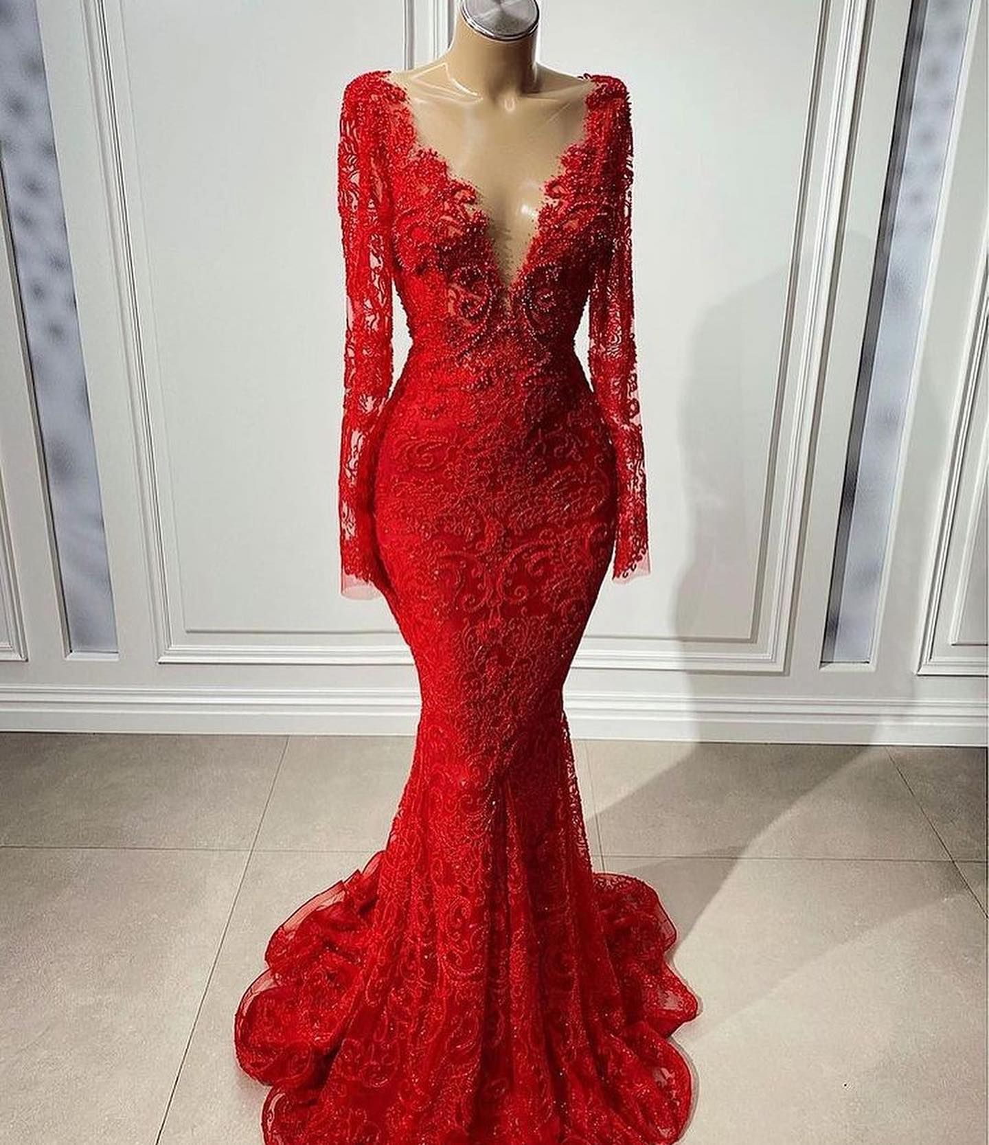 Rot Abendkleider Lang Günstig Mit Spitze Meerjungfrau Abschlussballkleider-babyonlinedressde