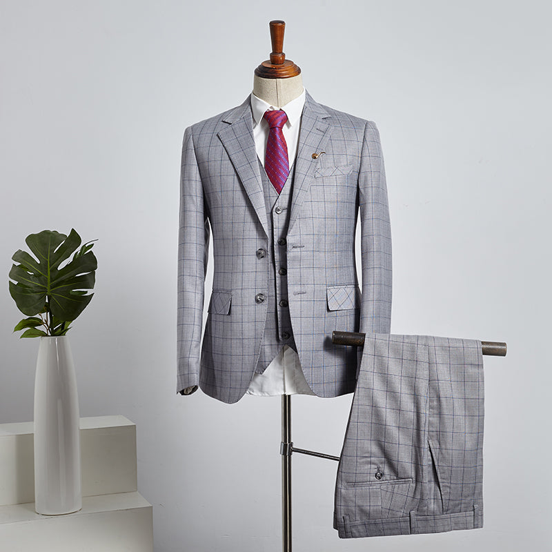 Buck Trendy Gray Plaid 3 Pieces Slim Fit Tailored Business Suit-babyonlinedressde