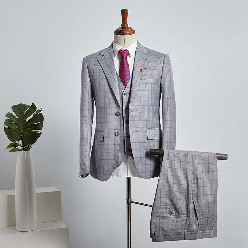 Buck Trendy Gray Plaid 3 Pieces Slim Fit Tailored Business Suit-babyonlinedressde