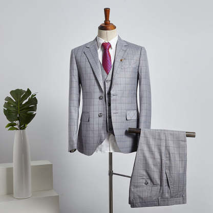Buck Trendy Gray Plaid 3 Pieces Slim Fit Tailored Business Suit-babyonlinedressde
