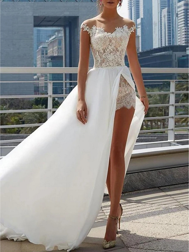 Designer Brautkleider Mit Spitze | Sommer Chiffon Hochzeitskleider Etuikleider