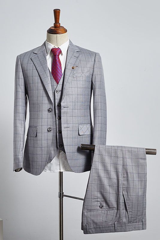 Buck Trendy Gray Plaid 3 Pieces Slim Fit Tailored Business Suit-babyonlinedressde