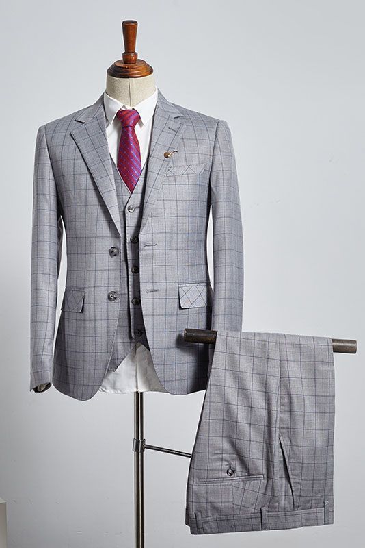 Buck Trendy Gray Plaid 3 Pieces Slim Fit Tailored Business Suit-babyonlinedressde