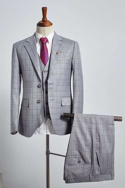 Buck Trendy Gray Plaid 3 Pieces Slim Fit Tailored Business Suit-babyonlinedressde