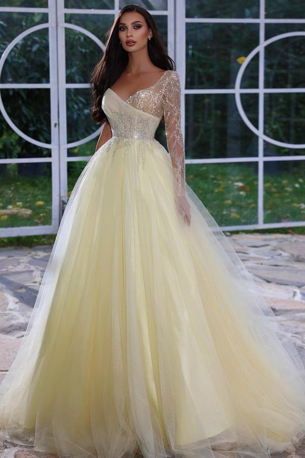 Designer Abendkleid Lang mit Ärmel | Gelb Abiballkleider Mit Glitzer-babyonlinedressde