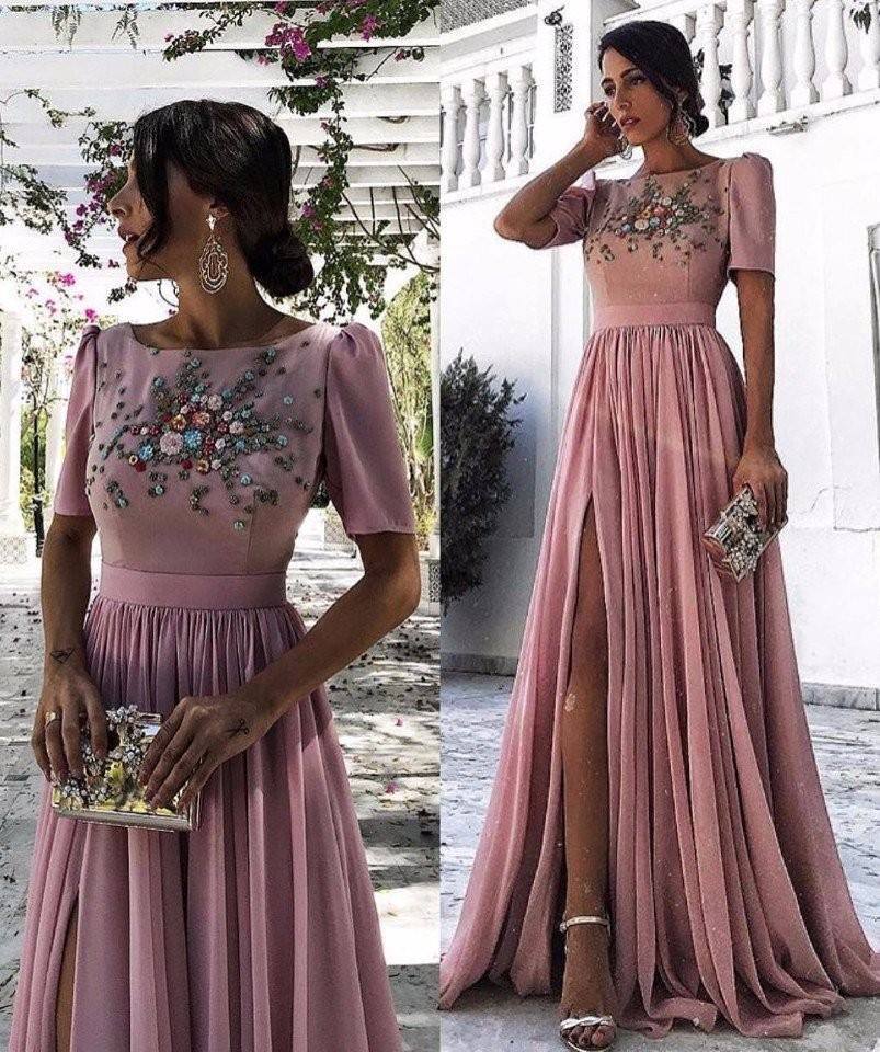 Altrosa Abendkleider Lang Günstig Mit Kurze Ärmel Perlen Chiffon Abendkleid Abiballkleider