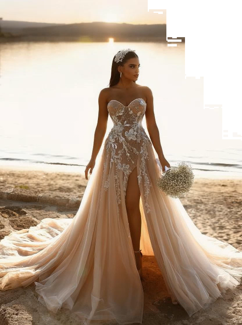 Elegante Brautkleider A Linie Glitzer | Hochzeitskleider mit Spitze