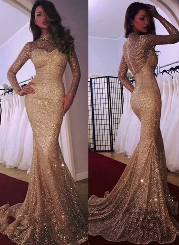 Designer Gold Abendkleider Mit Ärmel Pailletten Abendmoden Abiballkleider Online-babyonlinedressde