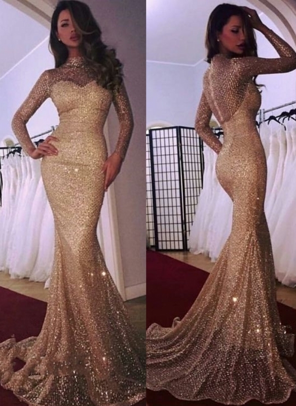 Designer Gold Abendkleider Mit Ärmel Pailletten Abendmoden Abiballkleider Online-babyonlinedressde