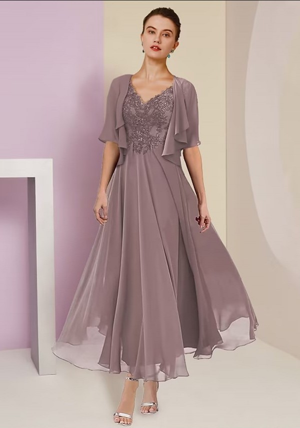 Elegant Rosa Brautmutterkleider Chiffon | Mutterkleider mit V-Ausschnitt-babyonlinedressde