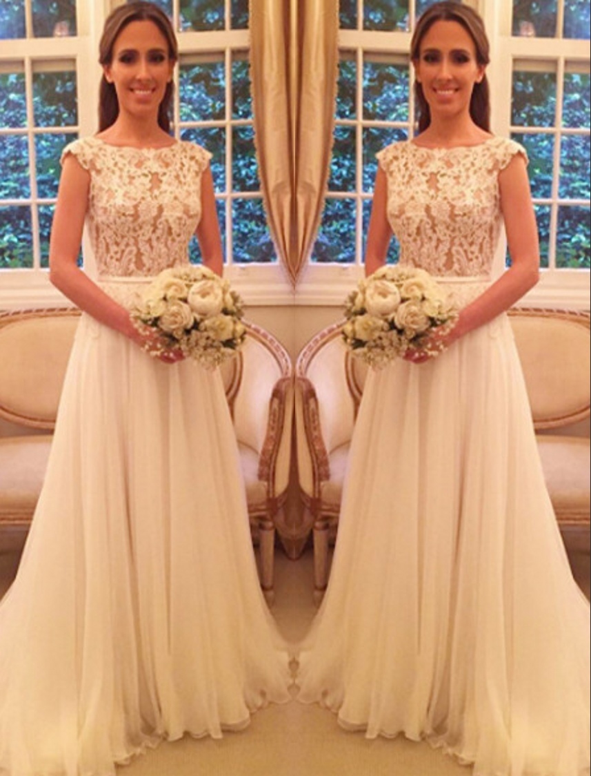A Linie Weiß Brautkleider Mit Spitze Chiffon Rückenfrei Brautmoden Hochzeitskleider