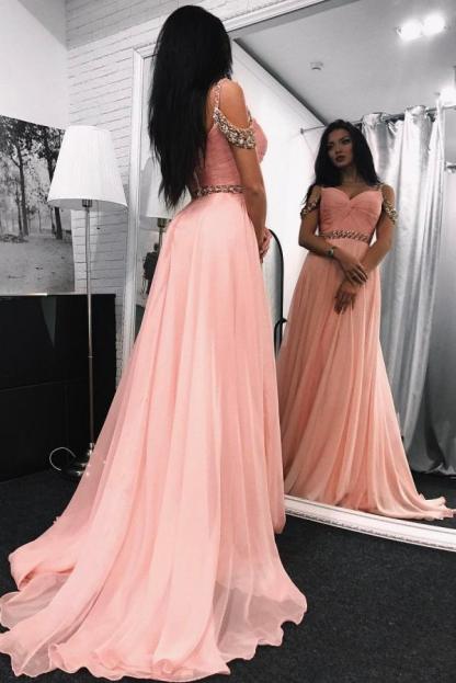 Rosa Abendkleider Lang Günstig Schulterfrei Chiffon Abiballkleider Online-babyonlinedressde