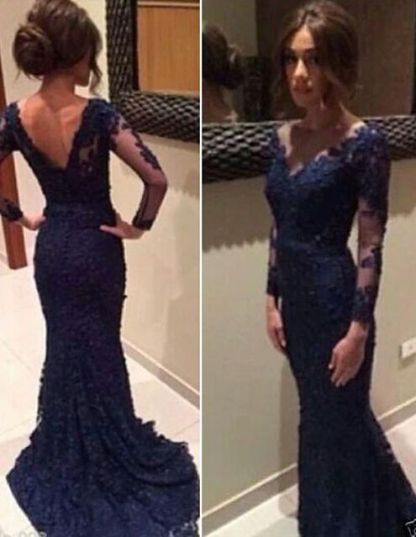 Navy Blue Abendkleider Lang Ärmel Spitze Meerjungfrau Abendmoden Abiballkleider Günstig