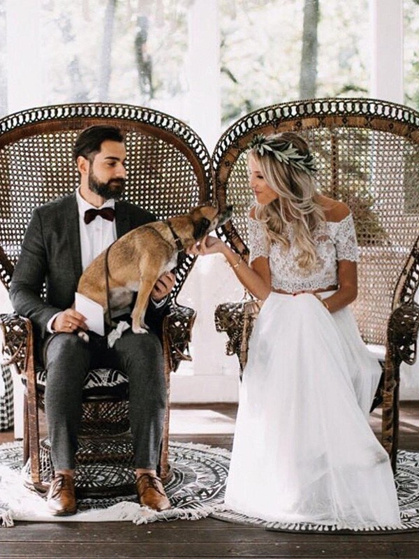 Schlicht Brautkleider Mit Spitze Kurze Ärmel 2 Teiliger Hochzeitskleider Chiffon-babyonlinedressde