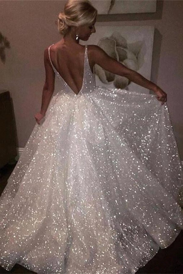 Elegante Abendkleider Lang Weiß Pailletten A Line Abiballkleider Günstig Online-babyonlinedressde