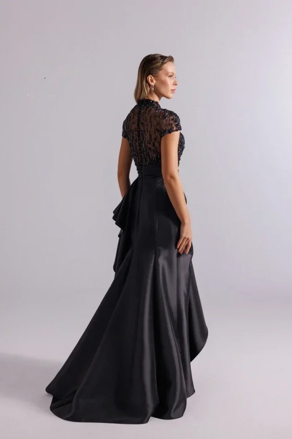 Vintage Abendkleider Lang Schwarz Ballkleid mit Perlen