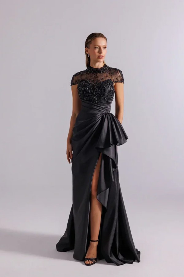 Vintage Abendkleider Lang Schwarz Ballkleid mit Perlen