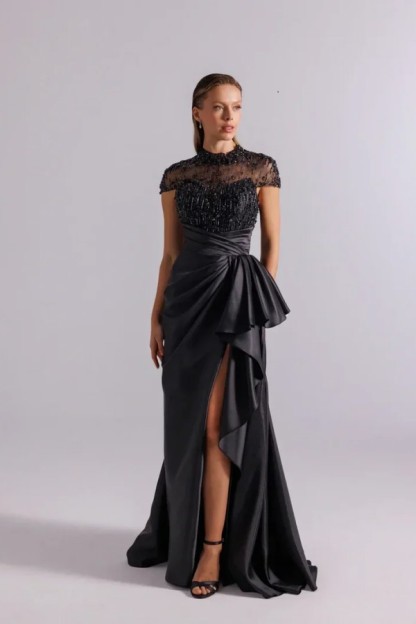 Vintage Abendkleider Lang Schwarz Ballkleid mit Perlen