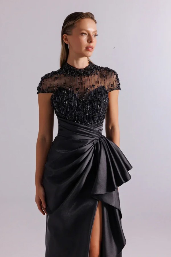 Vintage Abendkleider Lang Schwarz Ballkleid mit Perlen