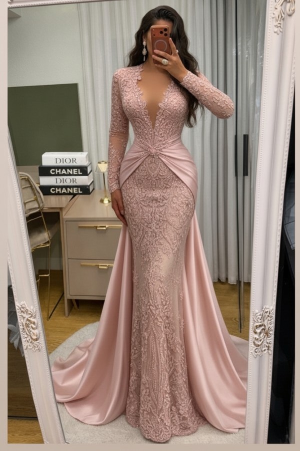 Wunderschöne Abendkleider Lang Spitze Abiballkleider mit Ärmel