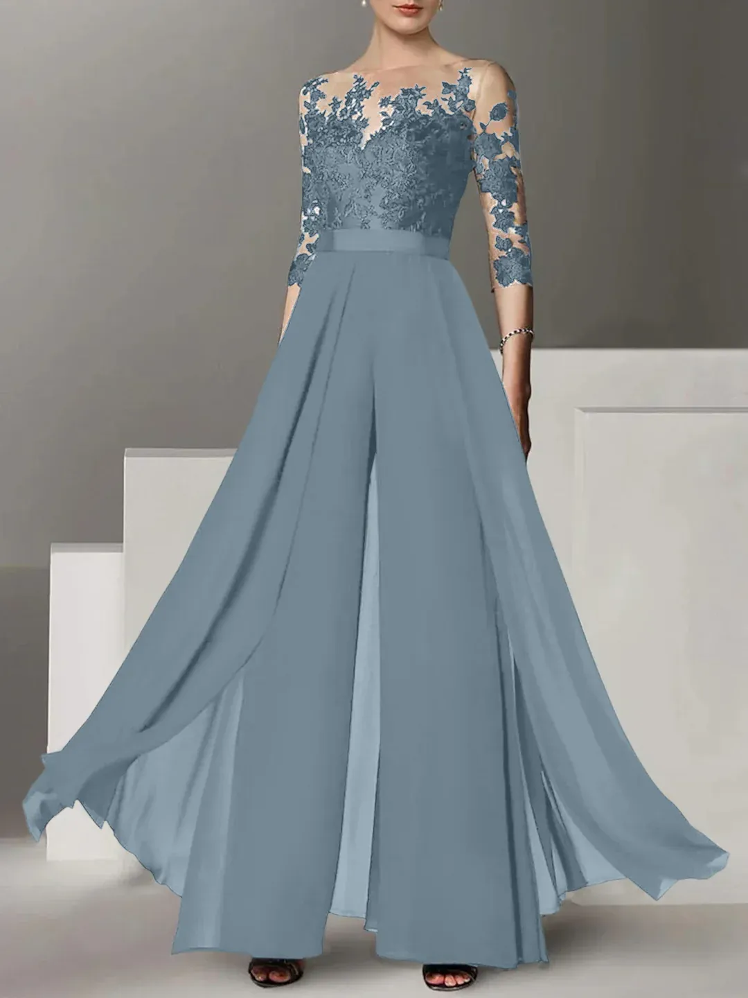 Festliche Hosenanzüge Lang | Chiffon Brautmutterkleider mit Ärmel