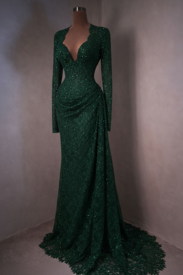 Himmel Blau Abendkleider Lang Spitze Abiballkleider mit Ärmel