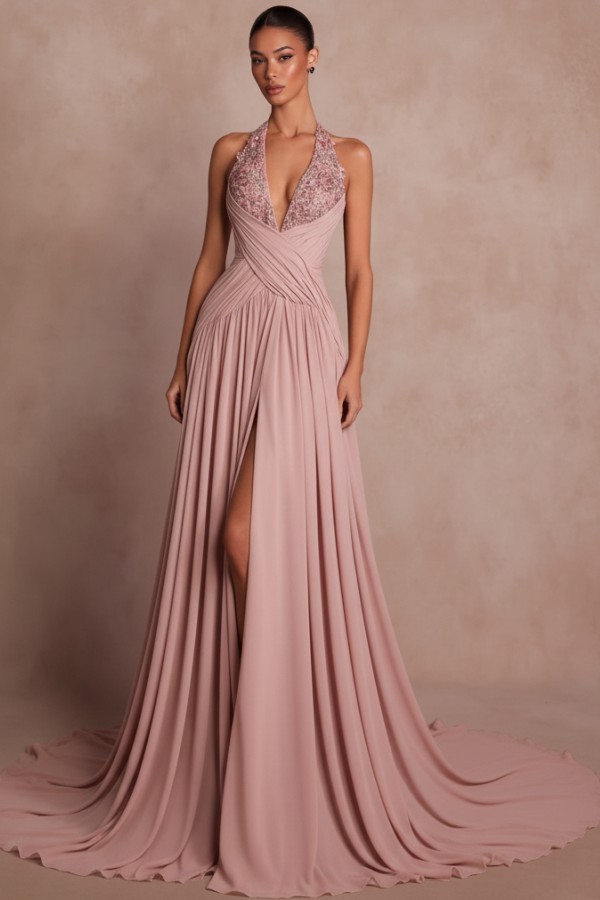 Schlichte Abendkleider Lang V Ausschnitt Chiffon Ballkleider mit Glitzer