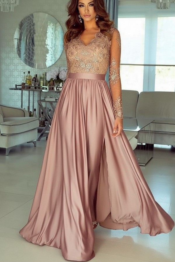 Champagne Abendkleider Lang Mit Ärmel Spitze Abendmoden Günstig