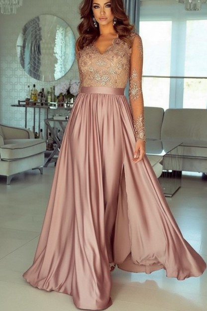 Champagne Abendkleider Lang Mit Ärmel Spitze Abendmoden Günstig