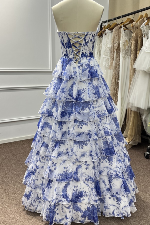 Designer Blaue Blumen Abendkleider Lang Günstig Ballkleider Online