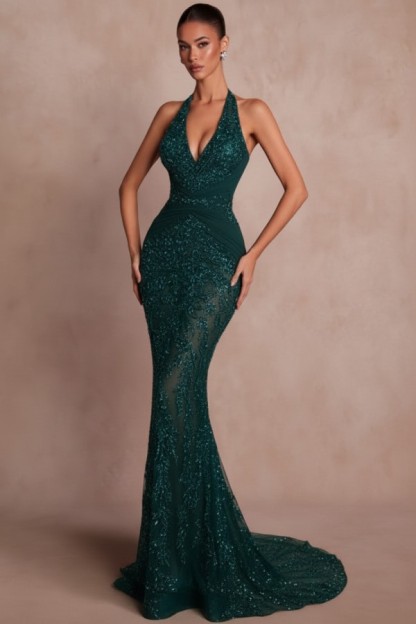 Dunkel Grün Abendkleider Lang Glitzer Ballkleider Spitze Online