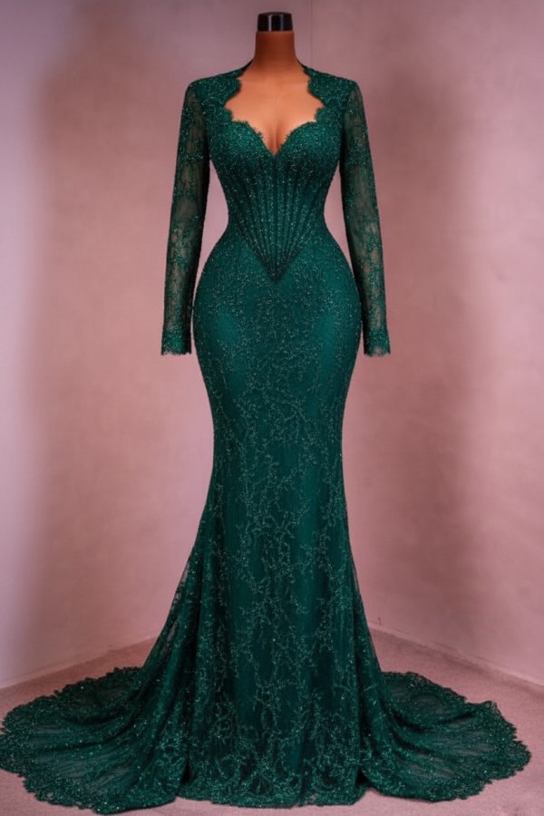 Designer Abendkleid Lang Weinrot Ballkleid Spitze Mit Ärmel