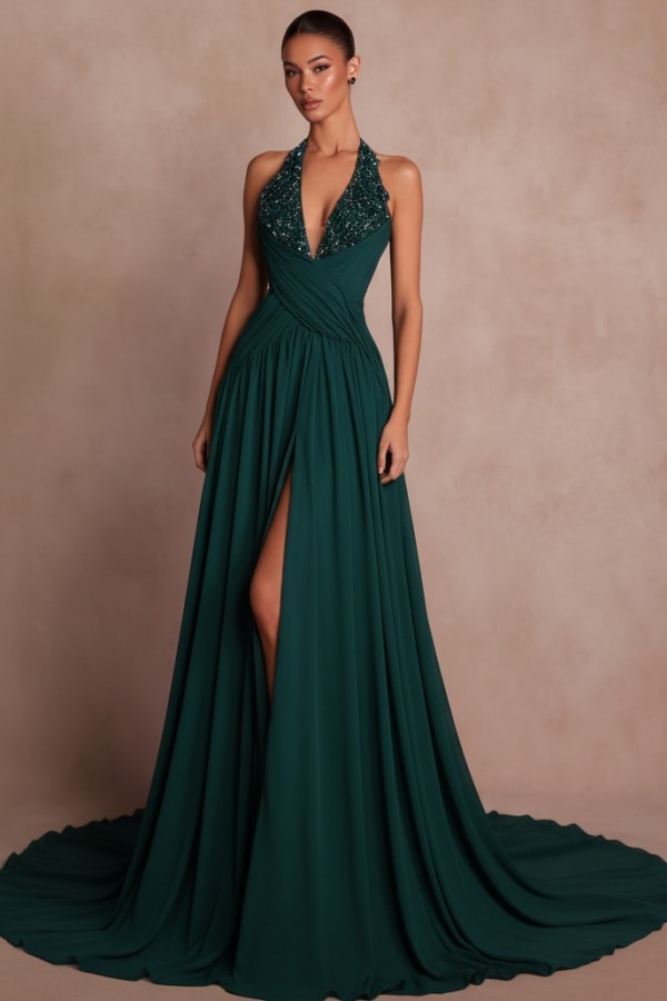 Schlichte Abendkleider Lang V Ausschnitt Chiffon Ballkleider mit Glitzer