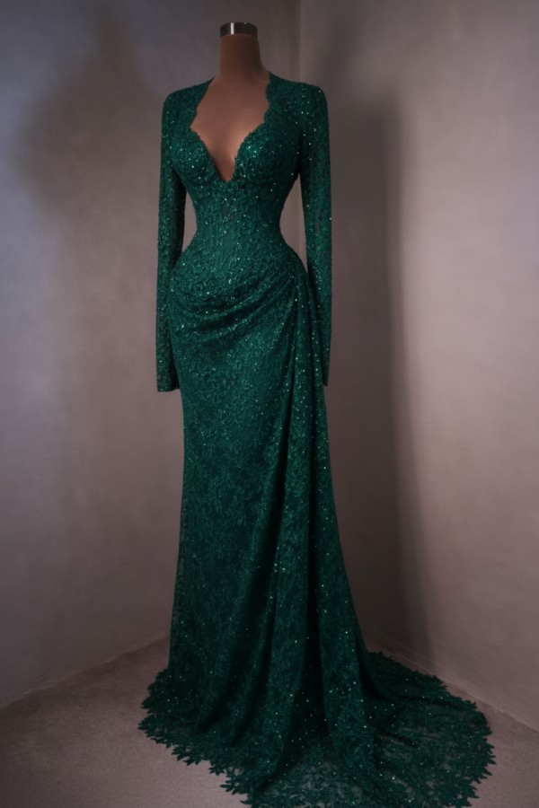 Himmel Blau Abendkleider Lang Spitze Abiballkleider mit Ärmel