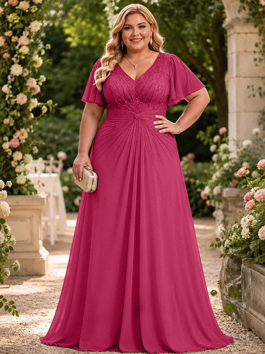 Chiffon A-Line V Neck Plus Size Mother of the Bride Dresses with Beadings - Kee1130069 Fuchsia