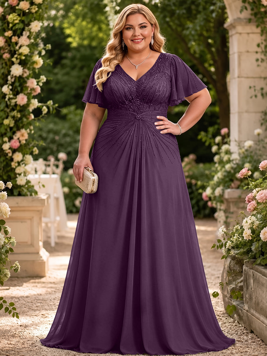 Chiffon A-Line V Neck Plus Size Mother of the Bride Dresses with Beadings - Kee1130069 Grape