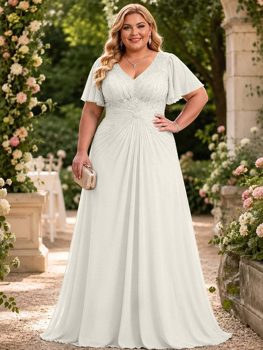 Chiffon A-Line V Neck Plus Size Mother of the Bride Dresses with Beadings - Kee1130069 Ivory